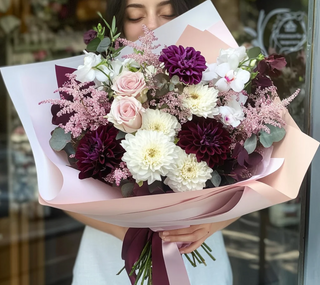 Buchet crizanteme, trandafiri, orhidee și astilbe