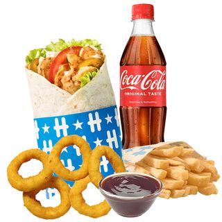 Тортила с пиле голямо меню + 5 лучени кръгчета + 1 сос