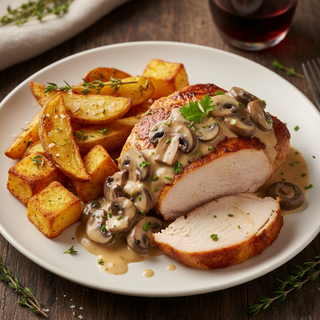 Piept de curcan cu sos de ciuperci și cartofi aurii
