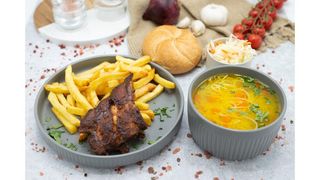 Supa cu fidea,costita de porc,cartofi prajiti,salata de varza alba,chifla