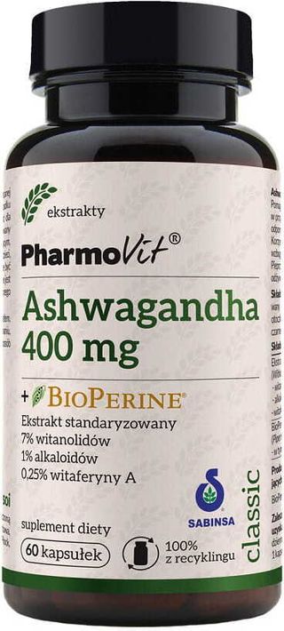 Żeń-szeń indyjski Ashwagandgha 400mg + BioPerine ekstrakt standaryzowany 60 kapsułek PharmoVit