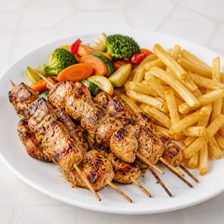 Brochettes de poulet, frites et légumes