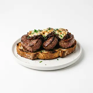 Tosta de solomillo, cebolla caramelizada y queso de cabra