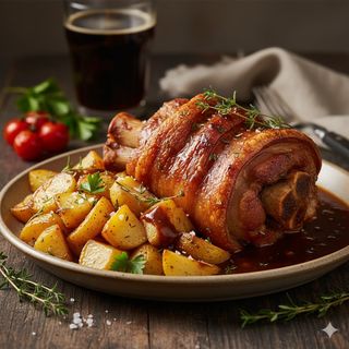 Свински джолан със задушени картофи и печен сос