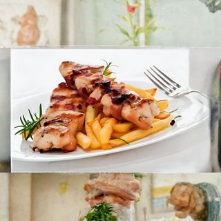 Frigărui de pui grătar, cartofi prăjiti, sos remoulade