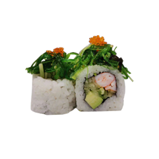 Uramaki Aguacate, Pepino y Gamba Envuelto en Wakame y Tobiko