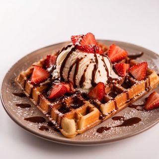 Gofre Con Helado Y Frutas Más Chocolate O Crema Dulce Fusión