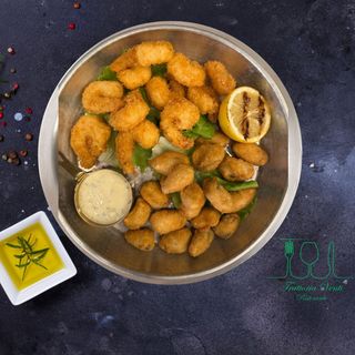 Creveti si midii pane , sos alioli 200g /150g/ 50g