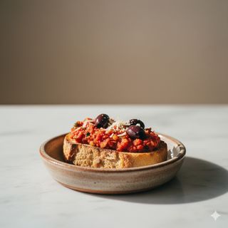 Bruschetta trapanese con pesto trapanese, olive e formaggio