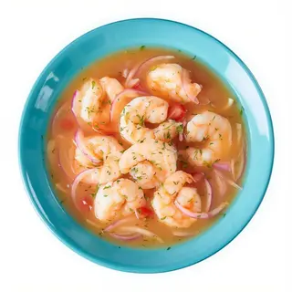 Ceviche de Langostino, frambuesa, cebolla roja y aguacate.