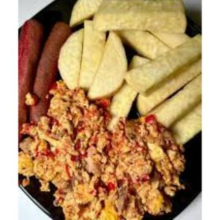Yam stakes + Egg sauce  + Sausages