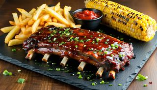 Глазирани свински ребра Су вид, с ароматни пържени картофи и царевица