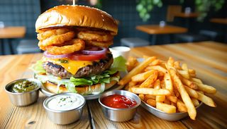 Max beef burger z frytkami i sosami