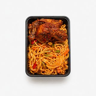 Jollof Spaghetti And Peppered Chicken