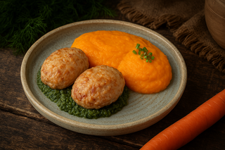 Рибні січеники (котлетки) із морквяною товчанкою та шпинатом