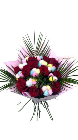 Buchet trandafiri rosii-bumbăcei curcubeu