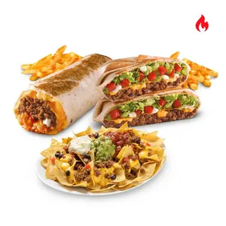 Para 2: Quesarito y Crunchywrap con Nachos con carne y queso ó pollo picante