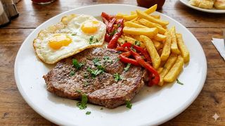 Plato De Ternera, Pimiento rojo, 2 huevos y patatas fritas