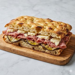 Schiacciata alla pala ripiena di Finocchiona, Melanzana grigliata sott’olio e Pecorino semistagionato delle Crete Senesi