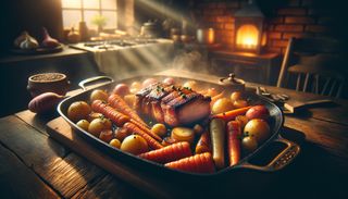 Porc cu rădăcinoase pe plită