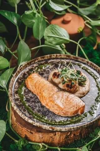 Стейк из семги с пюре из цветной капусты и соусом из щавеля