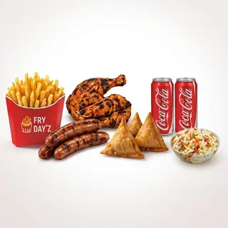 Fries + Half Chicken + 2 Sausages + 2 Samosas