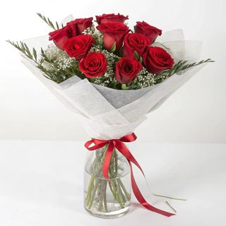 Bouquet En Vase - 9 Roses Rouges