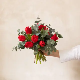 Ramo de tulipanes rojos y eucalipto
