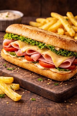 Сандвич с шунка кашкавал домати краставици айсберг сос картофи