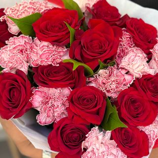 Rosas rojas 12 y 12 claveles granate (podría variar el color  del clavel )