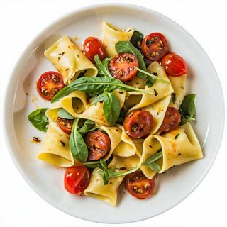 Paccheri rucola, pomodorini e salsiccia