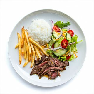 Plato De Shawarma Con Ensalada, Patatas Y Arroz
