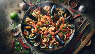 Tigaie picantă cu fructe de mare