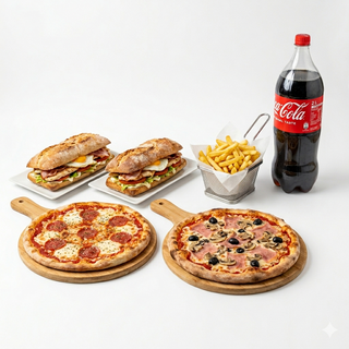 Menú 2 camperos + 2 pizzas (medianas) + patatas + bebida (2 lt.)