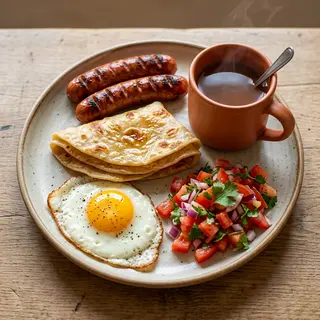 Kenyan Breakfast - 2 Smokies, Chapati, Egg, Kachumabri and Hot Drink