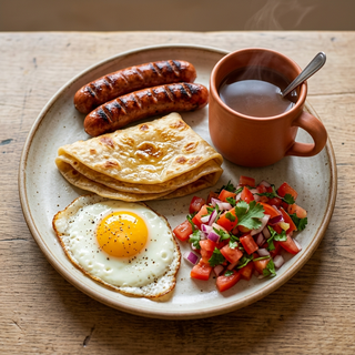Kenyan Breakfast - 2 Smokies, Chapati, Egg, Kachumabri and Hot Drink