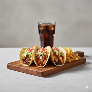 Tacos mixto con bebida y patatas fritas