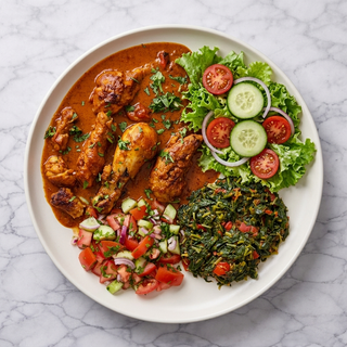 Chicken Curry Served With Side Salad, Greens And Kachumbari