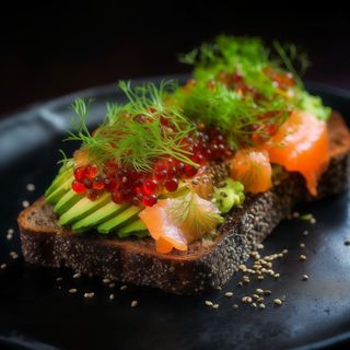 Malted Rye Bread with Smoked Salmon on Avocado with Caviar