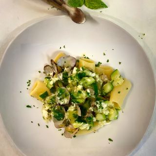 Paccheri al ragù d'orata, zucchine e vongole
