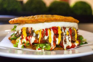 Patacón de Pollo desmechado y queso de mano
