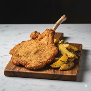 Cotoletta con il manico e patate rustiche al forno