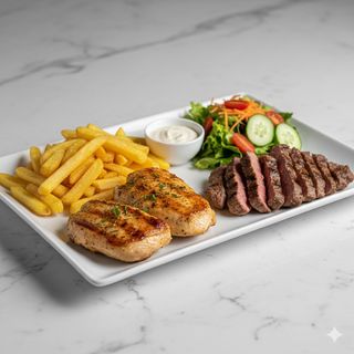 Plato Pollo O Ternera + Patatas, Ensalada Y Salsa