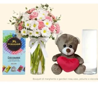 bouquet Margherite bianche fiori rosa  vaso pelushe piccolo e Cioccolatini 