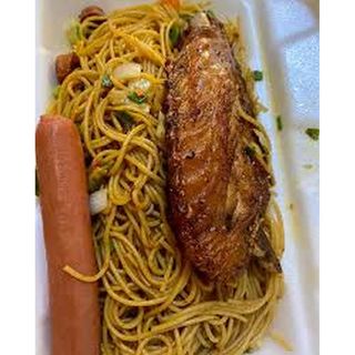A Plate of Spaghetti with Protein and Hotdogs