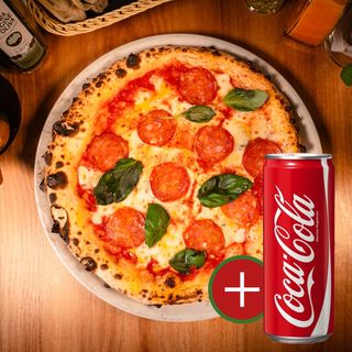Pizza gorgo e salamino + Coca-Cola Lattina 33 cl