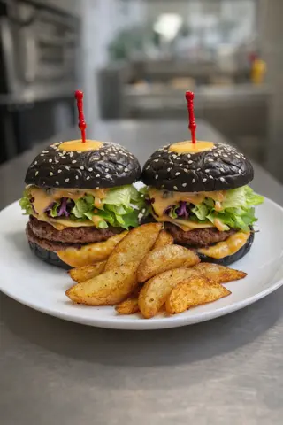 Duo Mini Burger de vita cu cartofi si bautura  850g