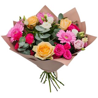 Buchet cu trandafiri, minirose, gerbera si lisianthus 