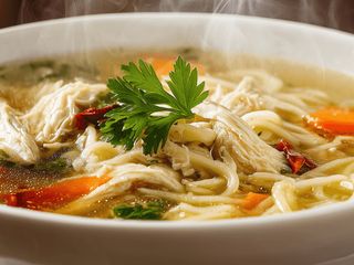 Polski ramen (rosół drobiowy, kurczak, boczek, makaron, marchewka, natka)