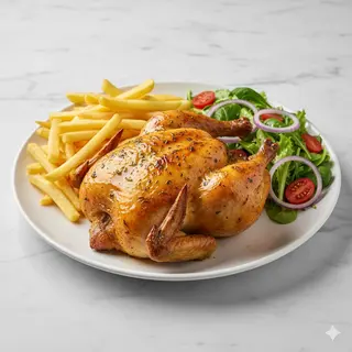 Pollo Asado Con  Ensalada Y Patatas una bebida